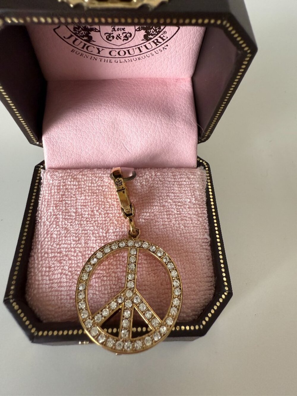 Juicy Couture Charm Peace Sign Pink Gold Crystal New In Original Box NWT